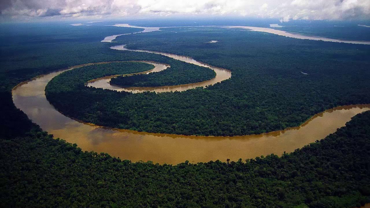 The Amazon River surrounded by lush green vegetation.  Largest Rivers In The World